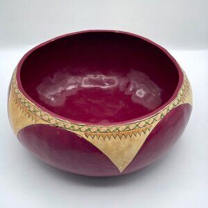 Mexican Large Gourd Bowl Hand Painted Folk Art Boho 9" Red